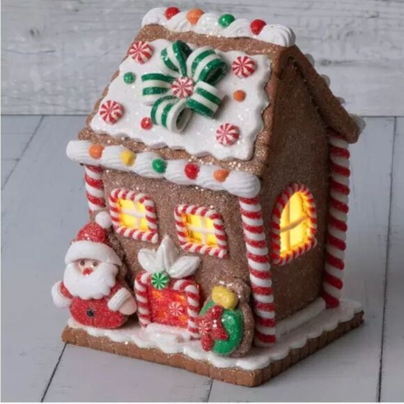 Light Up Glitter Gingerbread House Festive Gingerbread House with Santa Figurine - Picture 1 of 5